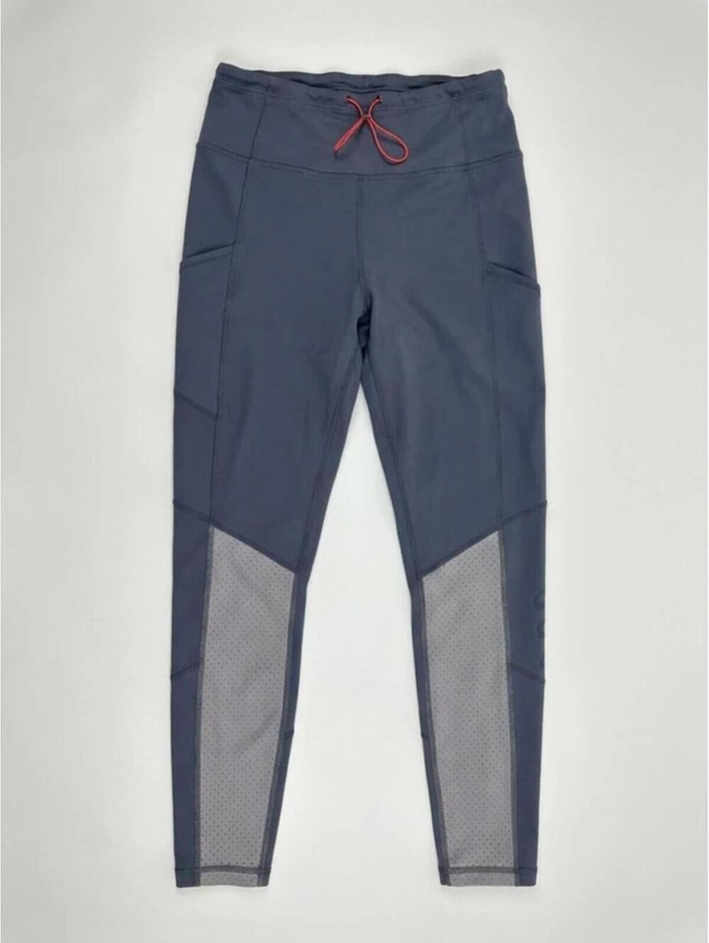 Nike Navy Blue Leggings with Gray Mesh Panels and Red Drawstring